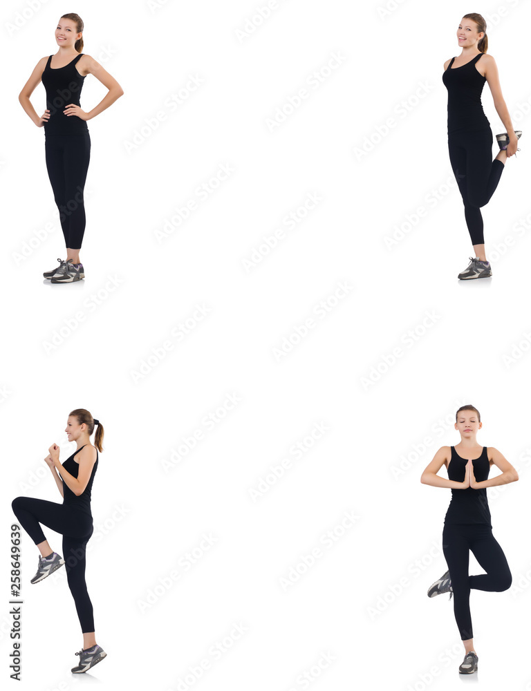 Young woman doing exercises isolated on white Young woman doing exercises isolated on white