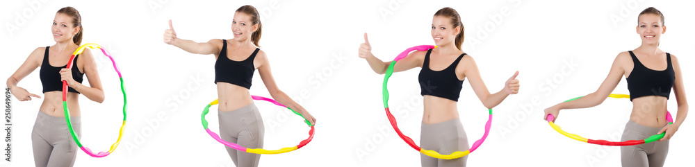 Young woman with hula hoop isolated on white Young woman with hula hoop isolated on white