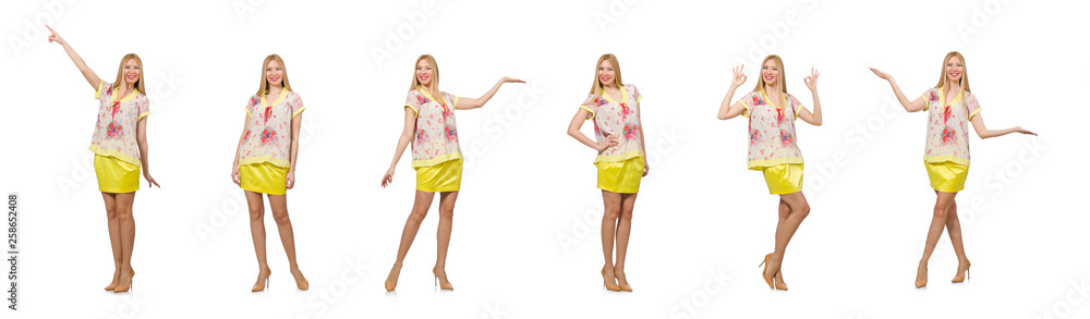 Woman pressing virtual button isolated on white Woman pressing virtual button isolated on white