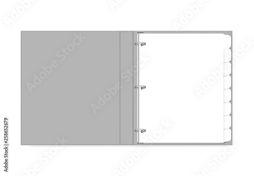 3 ring binder filled with hole punched white paper with tab dividers letter size, mockup. Open refillable blank notebook, vector template