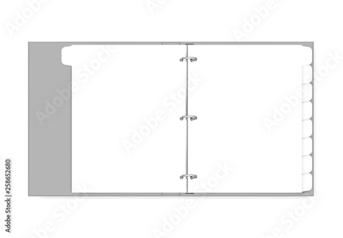 3 ring binder filled with hole punched white paper with divider tabs, mock up. Refillable blank notebook spread, vector template