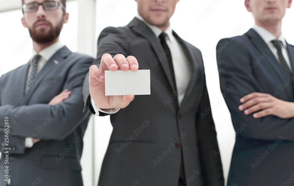 business team leader showing business card business team leader showing business card