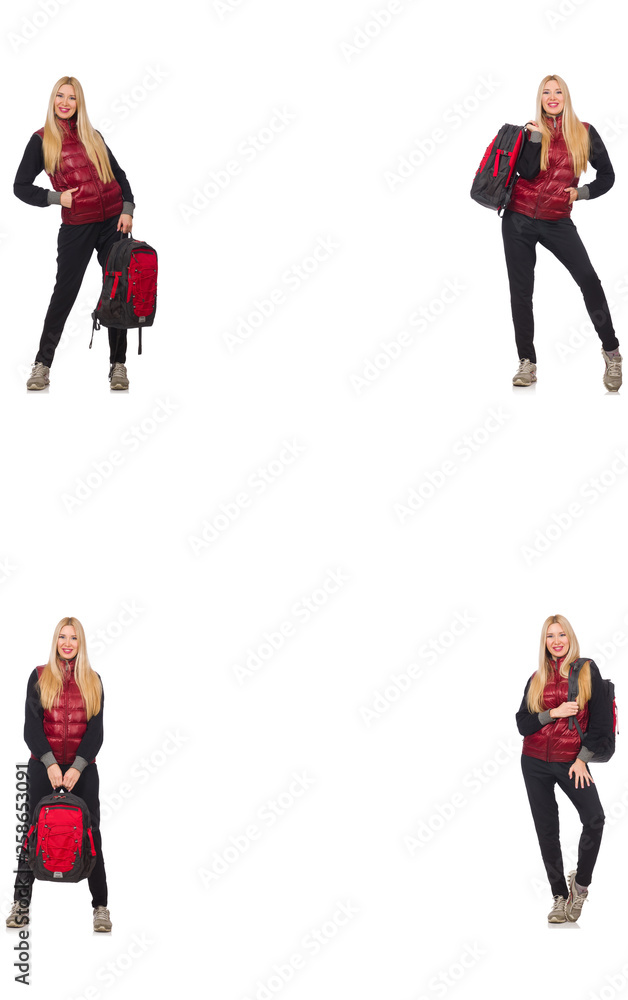 Young woman with backpack isolated on white Young woman with backpack isolated on white