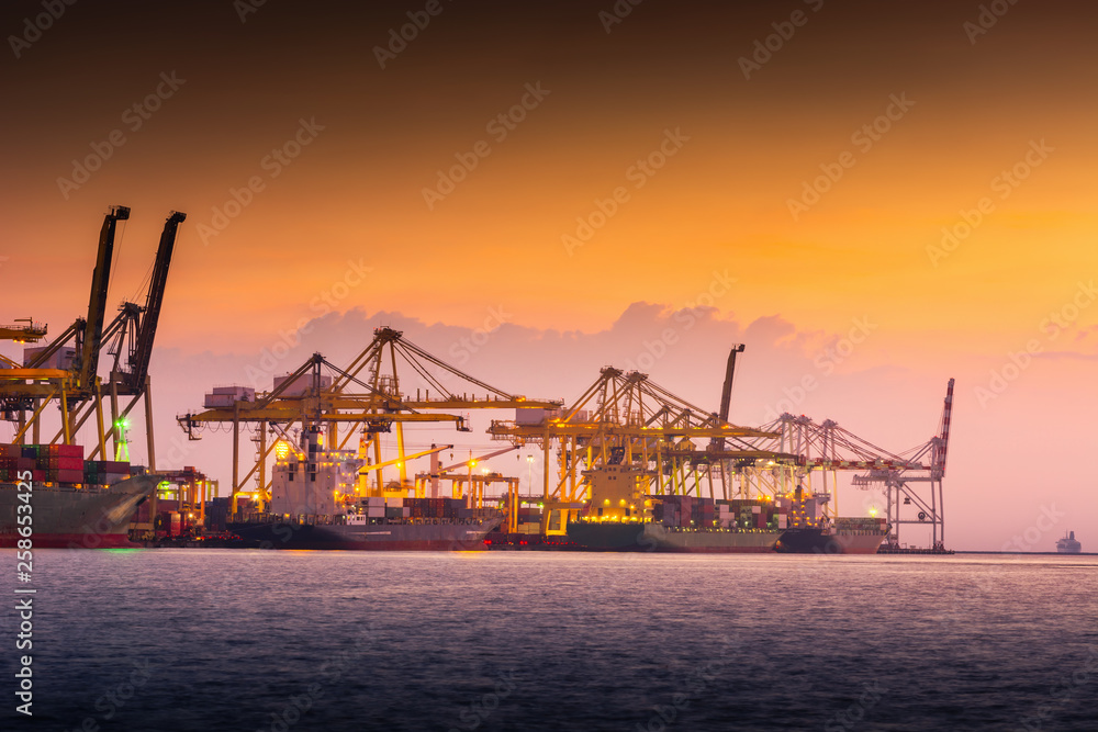 Transportation and Shipping Logistics Loading Dock Terminal., Container Import and Export of Sea Freight Transport Industrial., Landscape of Port Maritime and Harbor Cargo Shipyard With Crane Bridge