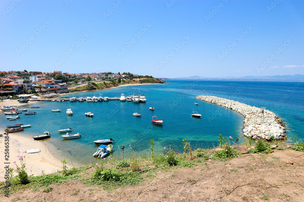 Panoramic view to the port of Nea Fokea, Mediterranean sea, Greece