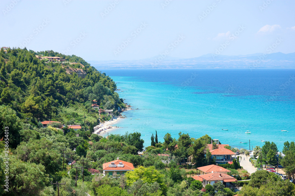 Panoramic view of azure mediterranean sea, Afytos, Greece