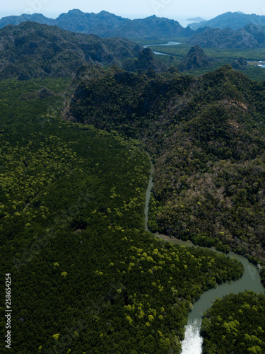 Aerial view of bay and river in Park Kilim Geoforest  Langkawi  Malaysia. Beautiful mountains  sea and trees around the river. Boat sailing on the river