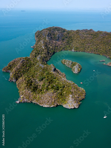 Aerial view of lonely islands in sea. Park Kilim Geforest, Langkawi, Malaysia.