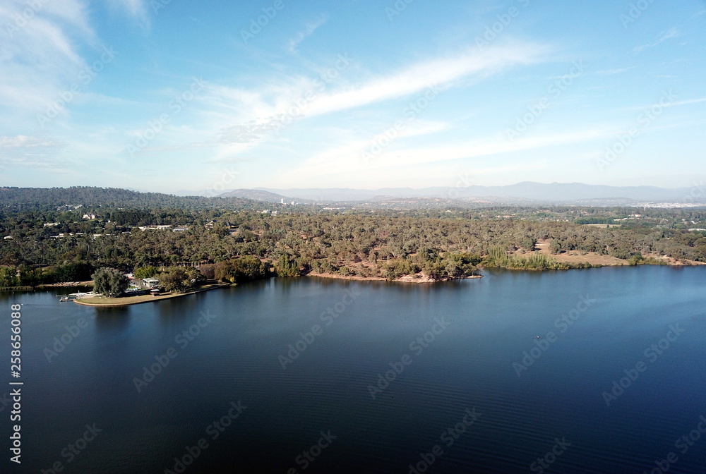 Panoramic view of Canberra (Australia) in daytime, featuring Lake Burley Griffin.