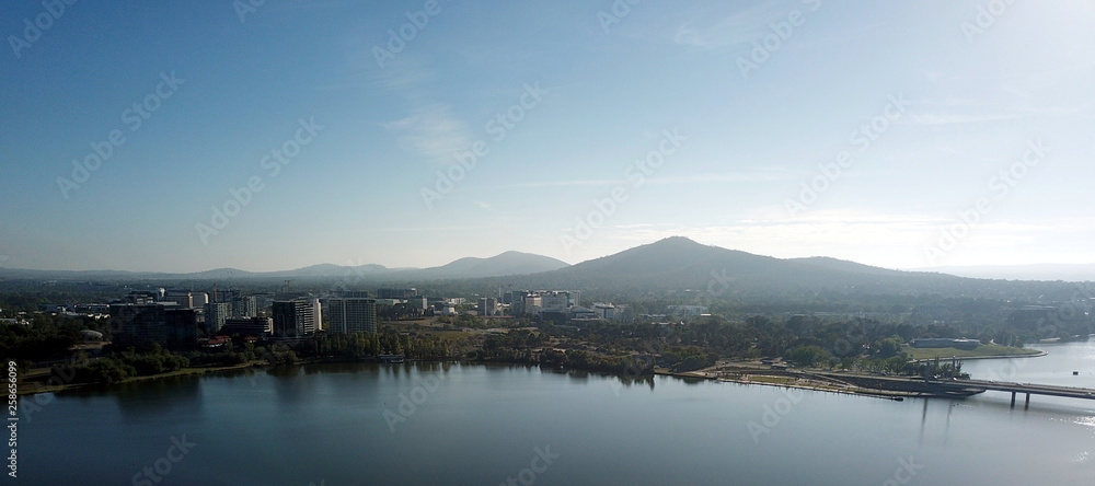 Panoramic view of Canberra (Australia) in daytime, featuring Lake Burley Griffin, Molonglo River, Mount Ainslie.