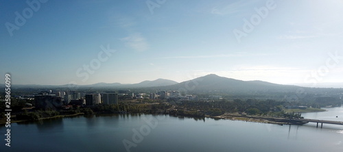 Panoramic view of Canberra (Australia) in daytime, featuring Lake Burley Griffin, Molonglo River, Mount Ainslie.