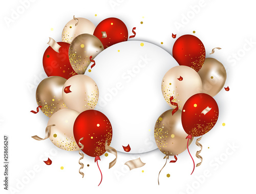 Holiday background with red, gold, pink balloons, serpentine, confetti. Round banner for sales, events, birthday. Vector