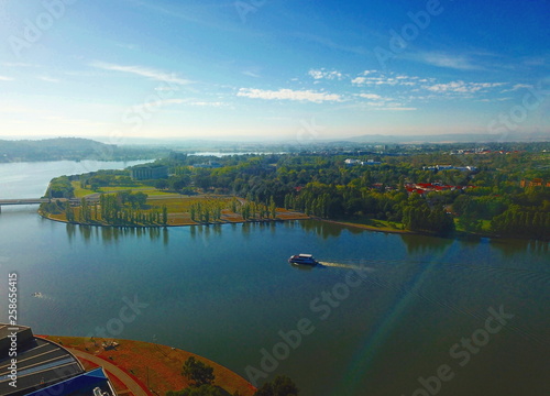 Panoramic view of Canberra (Australia) in daytime, featuring Lake Burley Griffin, Molonglo River and National Library of Australia. photo