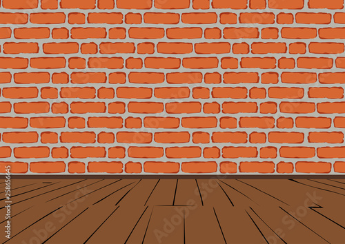 Brick wall of red brick. Wooden floor.