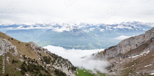 Pilatus is a mountain overlooking Lucerne in Central Switzerland, a popular route for tourists in summer.