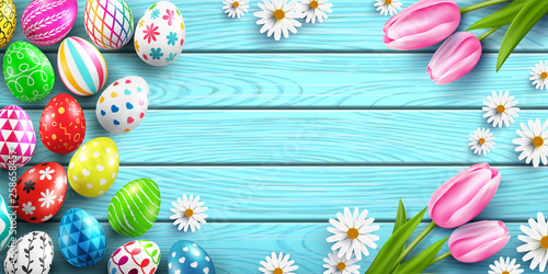 Happy Easter background template with colorful Easter Eggs and flower on wood table background.Handwriting inscription Easter Day.Promotion and shopping template for Easter Day.Vector EPS10