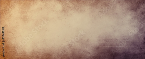old paper or parchment background illustration with grunge texture and paint spatter stains, old damaged and distressed brown tan and dark wine purple color border with grungy textured design