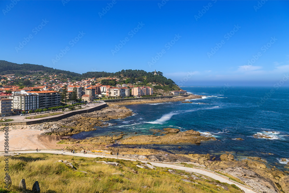 Baiona, Spain. View of the city and the picturesque coast from the wall of the fortress of Monterreal
