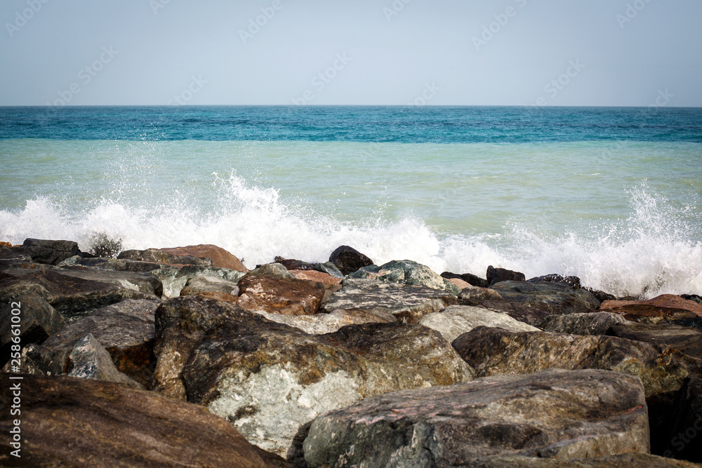 Sea landscape, rocks, sea and blue sky