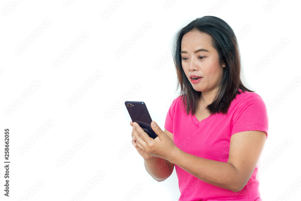 Asian woman in t-shirt with smartphone over white background. Asian woman in t-shirt with smartphone over white background.