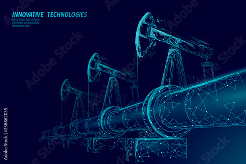 Oil pipeline low poly business concept. Finance economy polygonal petrol production. Petroleum fuel industry transportation line connection dots blue vector illustration