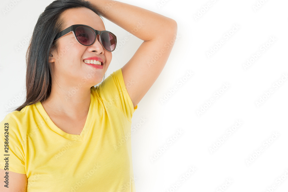 Close up shot of stylish woman in sunglasses smiling on white background. Close up shot of stylish woman in sunglasses smiling on white background.
