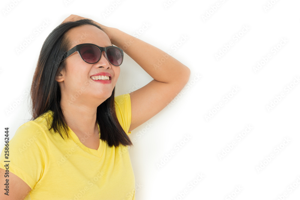 Close up shot of stylish woman in sunglasses smiling on white background. Close up shot of stylish woman in sunglasses smiling on white background.