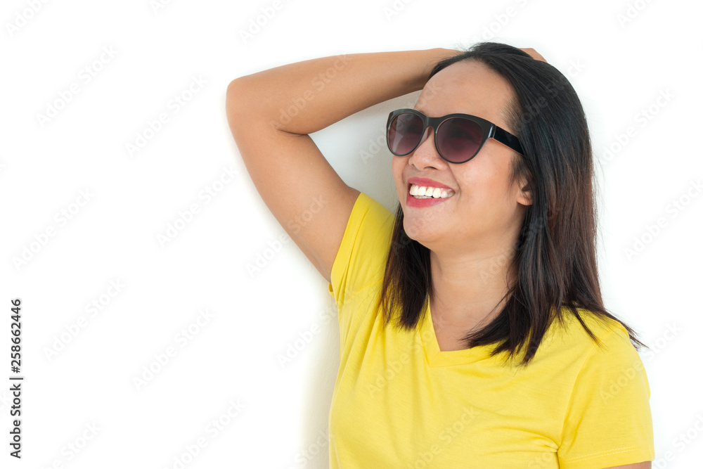 Close up shot of stylish woman in sunglasses smiling on white background. Close up shot of stylish woman in sunglasses smiling on white background.