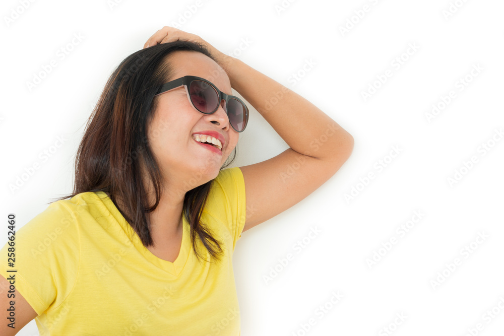 Close up shot of stylish woman in sunglasses smiling on white background. Close up shot of stylish woman in sunglasses smiling on white background.