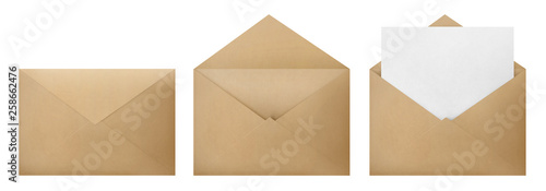 Set of brown envelopes (sealed, empty and with a blank paper inside), isolated on white background photo