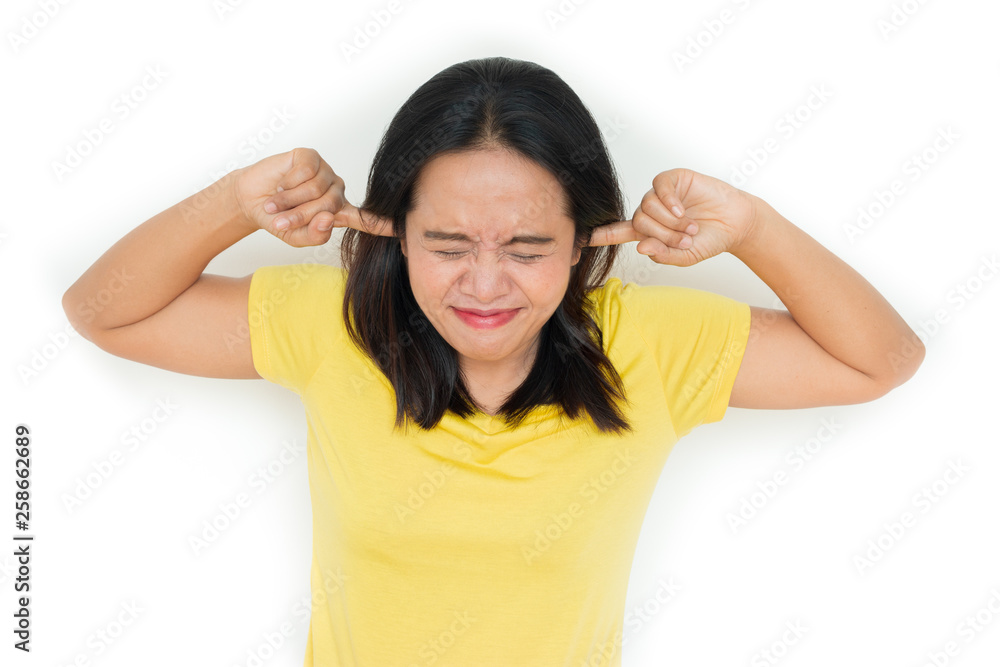 Woman closed her ears because of the annoying noise. isolated on white. Woman closed her ears because of the annoying noise. isolated on white.