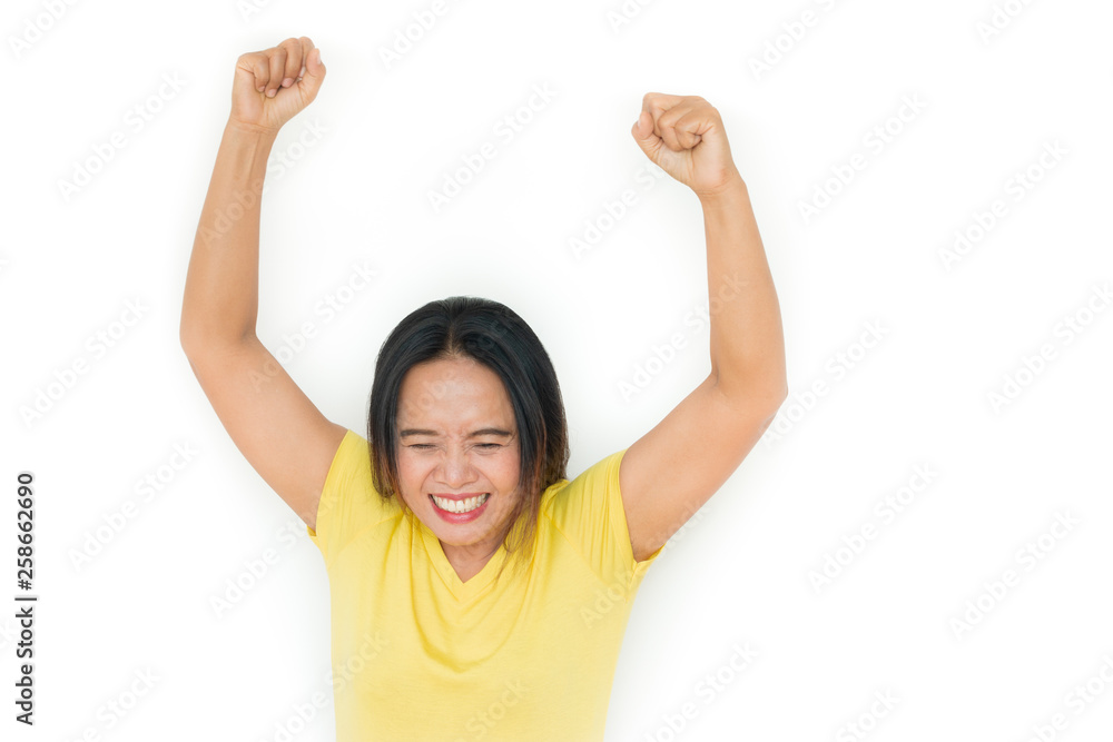Happy woman raising hands. Happy mood. Isolated on white. Happy woman raising hands. Happy mood. Isolated on white.