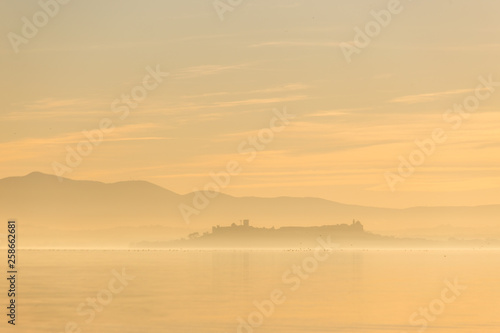Beautiful view of Trasimeno lake at sunset with birds on water and Castiglione del Lago town