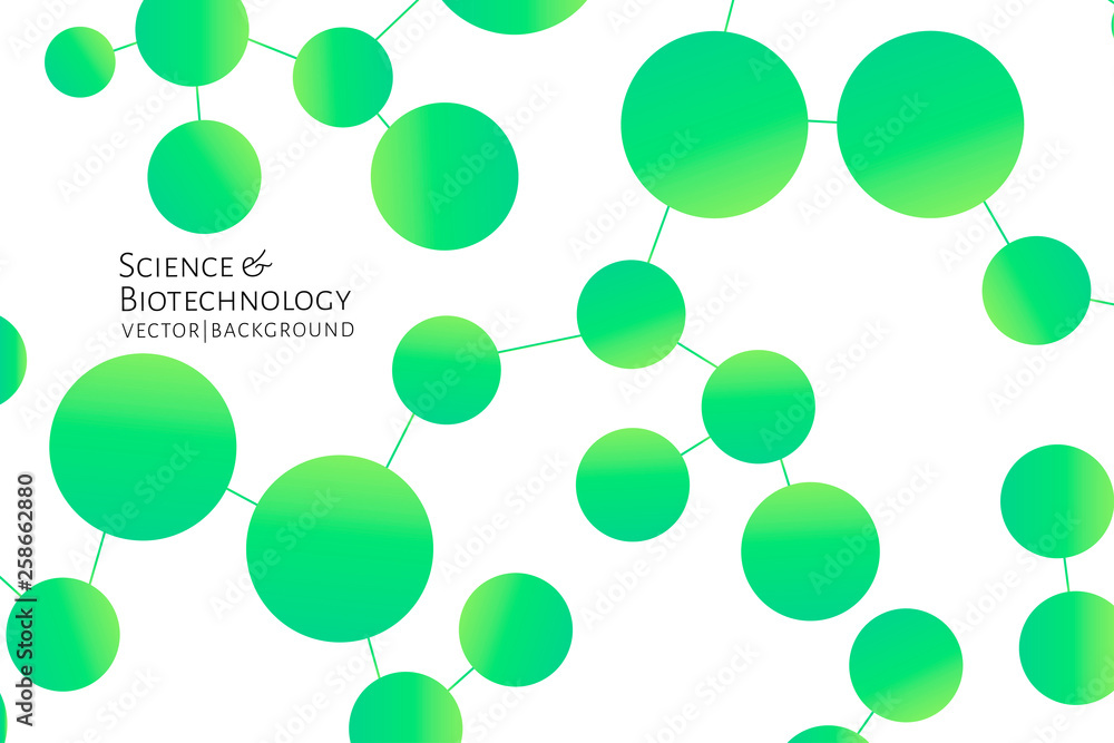 Modern background with green chemical bonds, molecules pattern. Medicine, science, biotechnology, pharmacology innovation concept. Place for text. White backdrop. Vector EPS 10 illustration.
