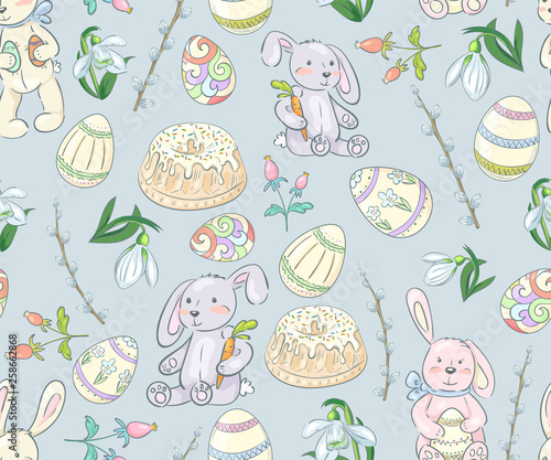 Seamless easter pattern with bunnies, cupcakes, eggs and flowers