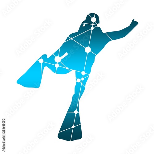 Silhouette of diver. Icon diver. The concept of sport diving. Textured by connected lines with dots.