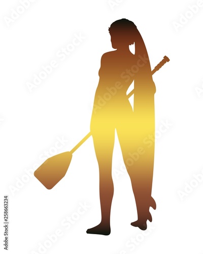 Woman posing with surfboard and paddle. Vintage surfing graphic and emblem for web design or print. Stand up paddle boarding