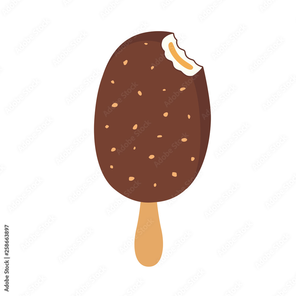 Chocolate ice cream popsicle on a stick bitten with filling Chocolate ice cream popsicle on a stick bitten with filling