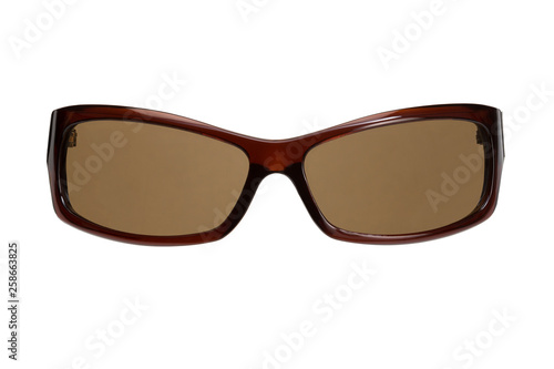 Stylish women's brown sunglasses on a white background. Front view. 