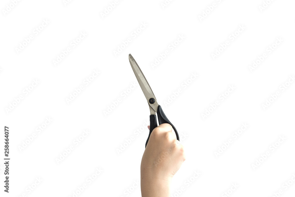 girl holds scissors on white background girl holds scissors on white background
