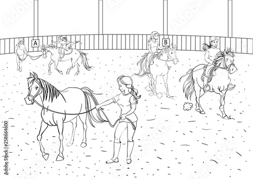 Cartoon style scene with horses for a stabling management book. Children coloring book design.