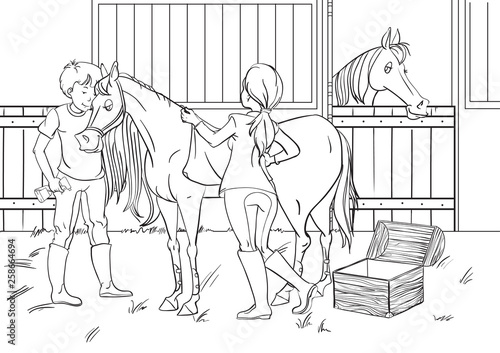 Cartoon style scene with horses for a stabling management book. Children coloring book design.