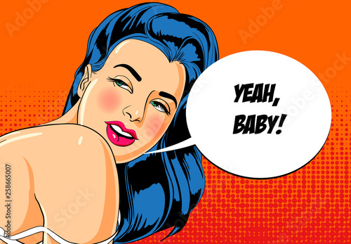 Pretty young girl  face in comic book style design.
