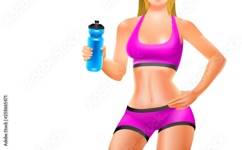 A sporty style woman body with bottle of water isolated.