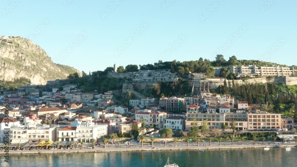 Nafplio, picturesque seaside town in Greece, Slow Aerial Push in Shot 4k