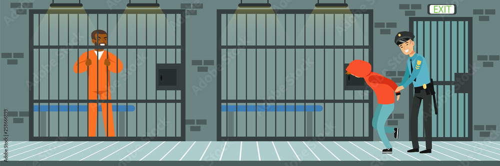 Prison cell with prisoners, policeman at work, police department ...