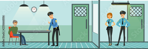 Room for questioning a suspect in a police station, policemen at work, police department interior vector Illustration in flat style