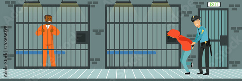 Prison cell with prisoners, policeman at work, police department interior vector Illustration in flat style
