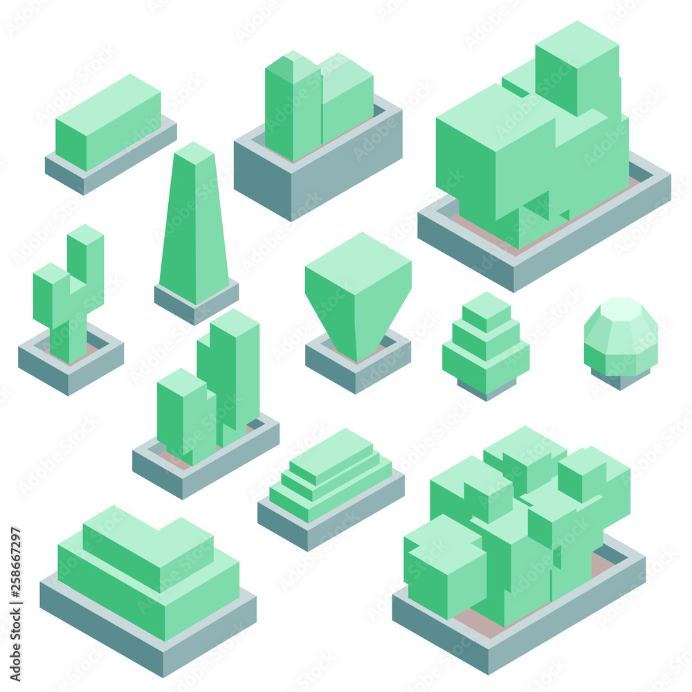 Set of isometric bushes in low poly style. Vector illustrations isolated on white background.