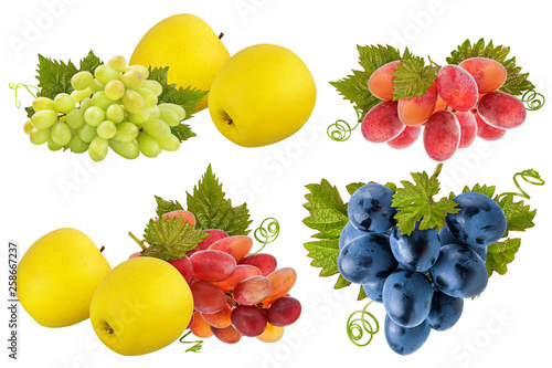 Fresh yellow apples and grapes isolated on white background with clipping path